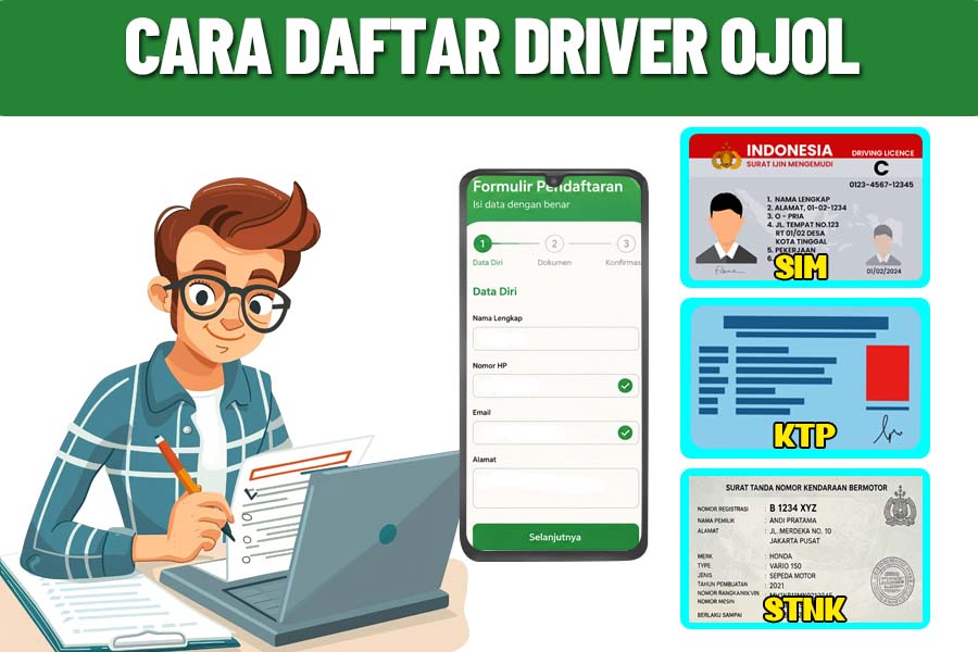Ilustrasi syarat menjadi driver ojek online berupa KTP, SIM C, STNK, dan sepeda motor.